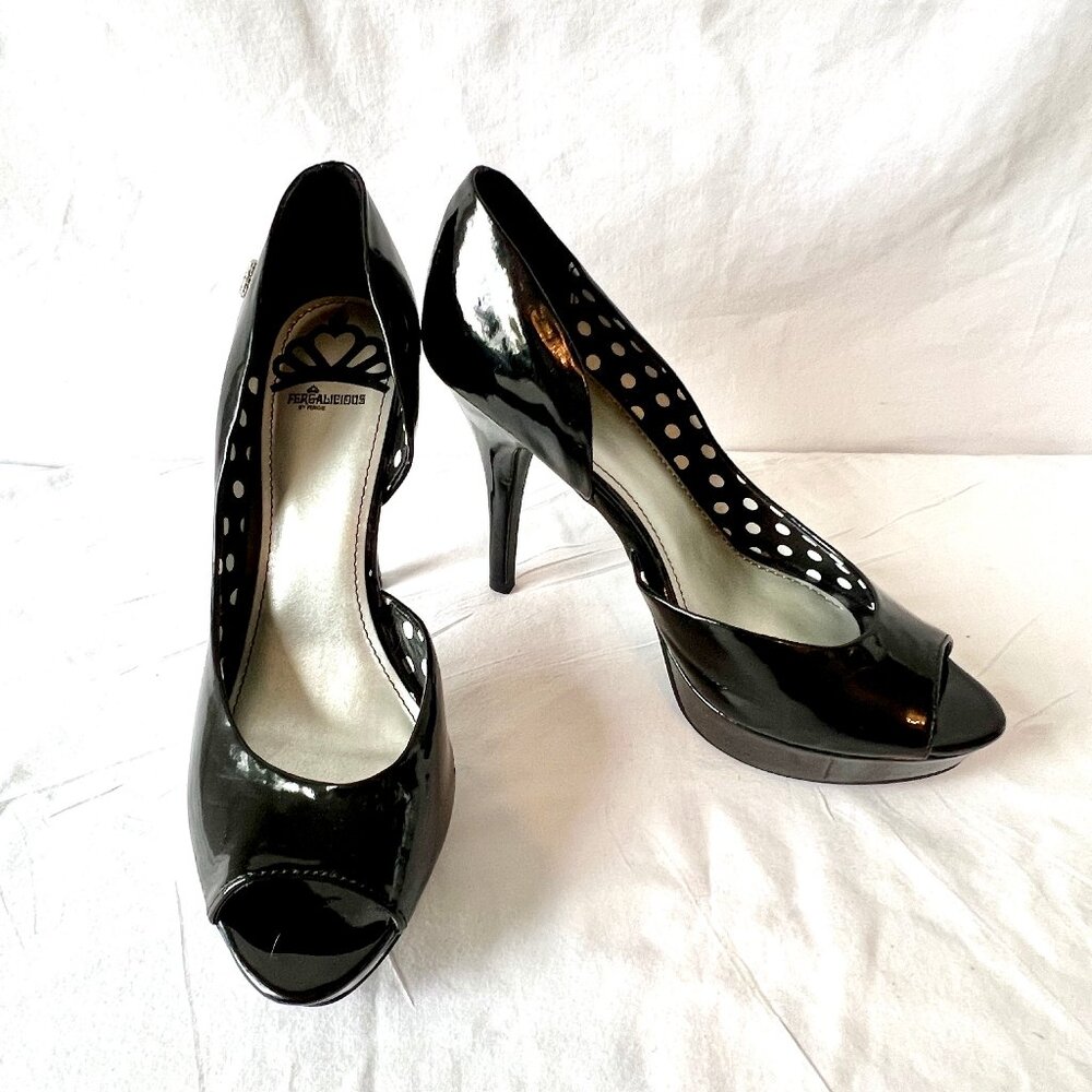 Fergalicious Black Patent Leather Heels,  Peek-a-boo Toe, Size 9, EC!